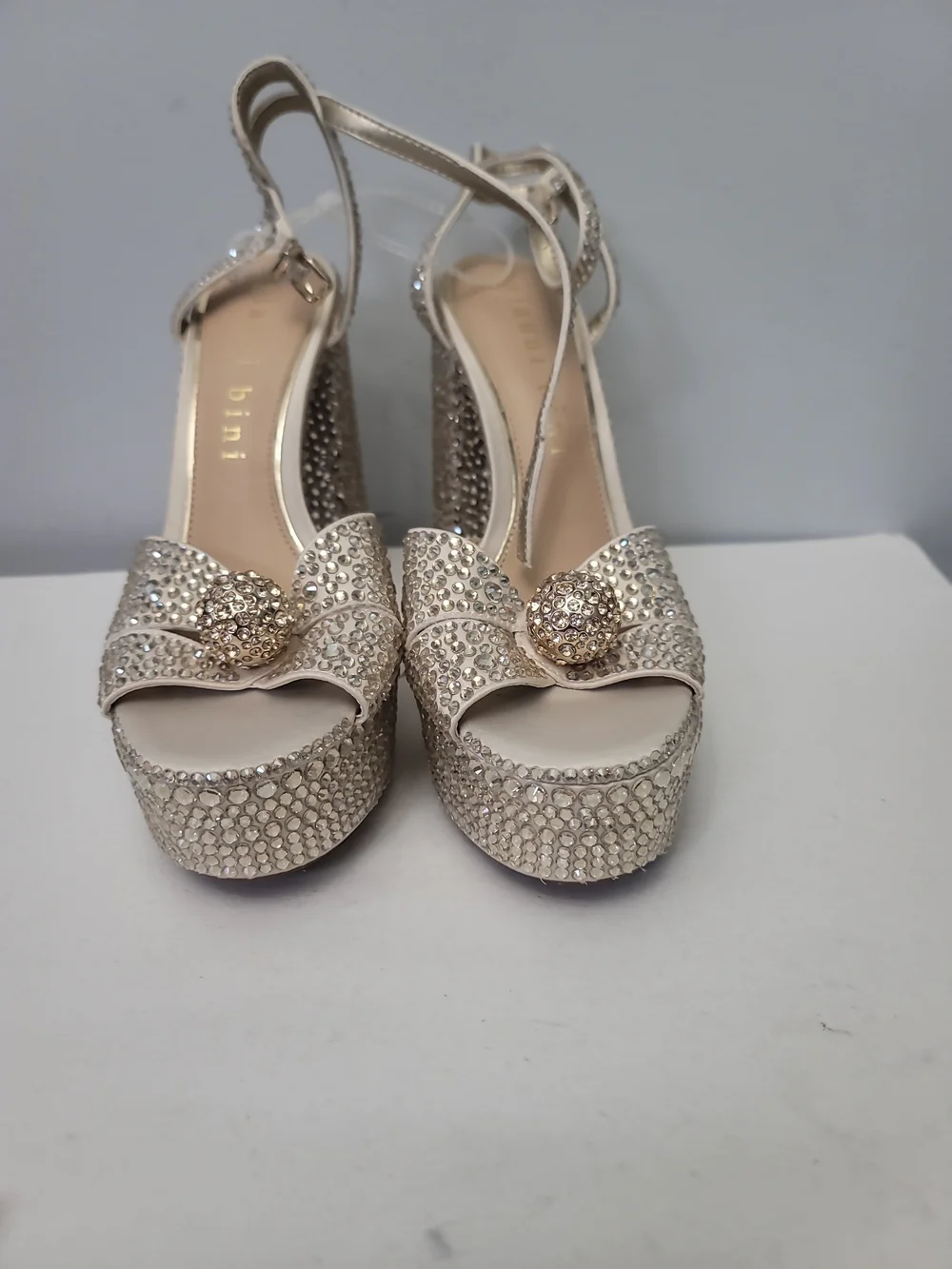 Gianni Kemara Three Sand  Gold Platform Embellished Slingback Heels